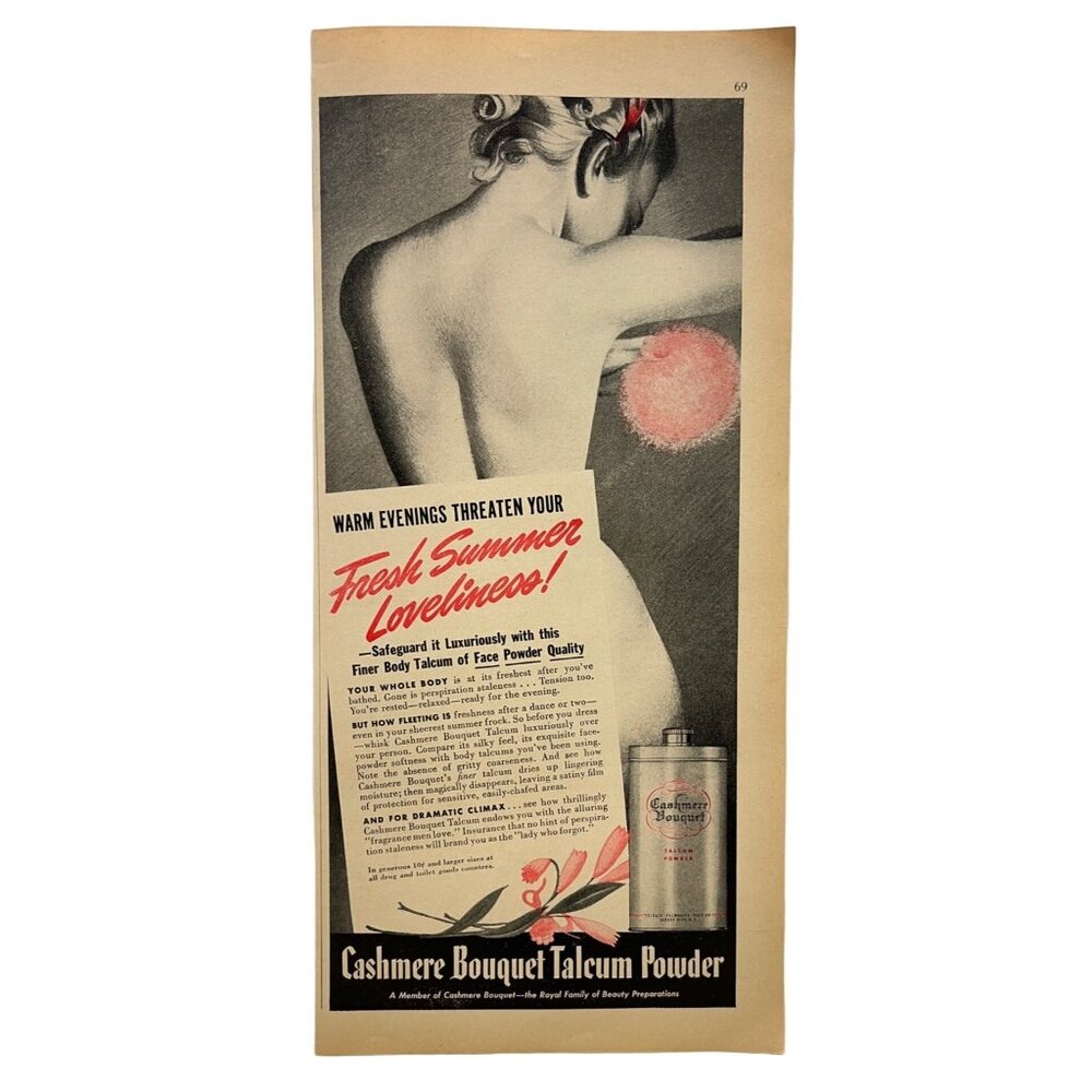 Cashmere Bouquet Vintage Print Ad 1942 Talcum Powder Sexy Lady Beauty Care